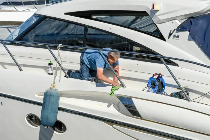 Bootsreinigung an Deck einer Motoryacht