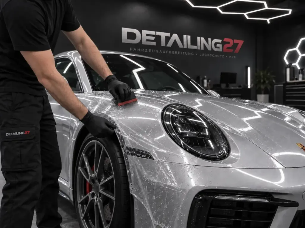 PPF-Lackschutzfolie wird am Kotflügel eines silbernen Porsche 911 aufgerakelt